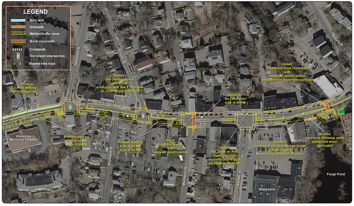 Figure 19: Canton Center Conceptual Plan, Part 2
This figure displays an aerial satellite image with proposed improvements in the southern half of the Canton Center section of the Washington Street corridor. Improvements are shown throughout the entire section, notable proposed changes are the addition of two crosswalks, removal of some street parking, and restriping.
Figure 19: Canton Center Conceptual Plan, Part 2
This figure displays an aerial satellite image with proposed improvements in the southern half of the Canton Center section of the Washington Street corridor. Improvements are shown throughout the entire section, notable proposed changes are the addition of two crosswalks, removal of some street parking, and restriping.